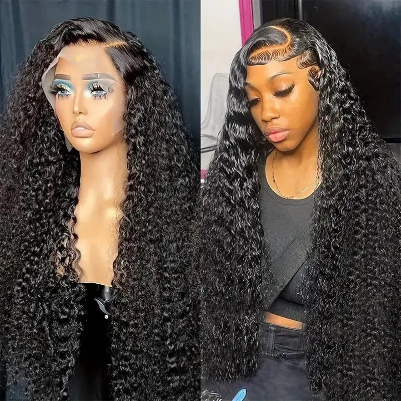 Fashion lace wig with small roll wound tube afro curls in black colour, showing side bangs styling and natural hairline