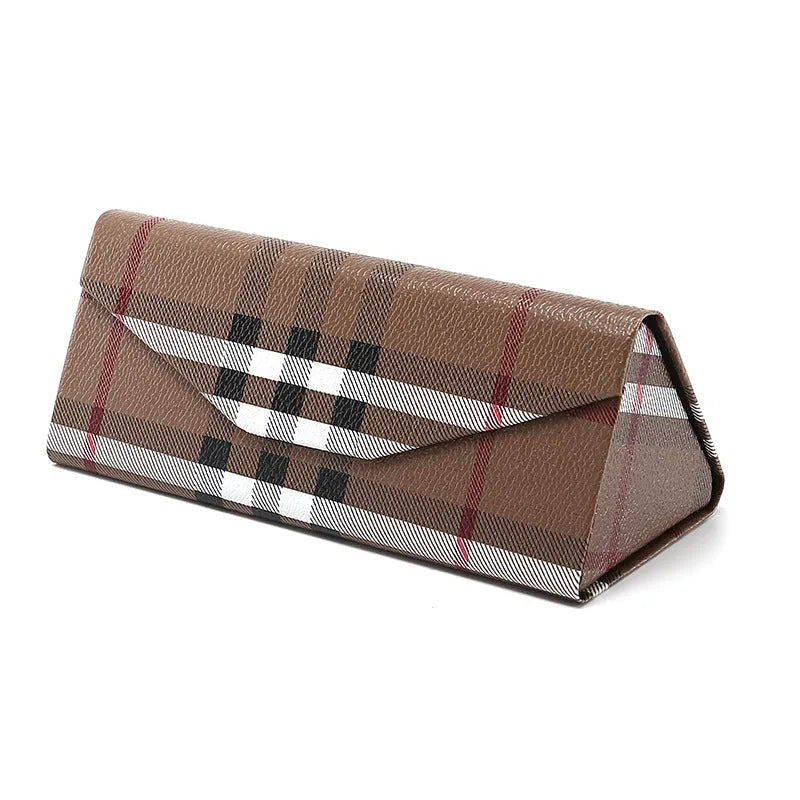 Handmade PU cowhide glasses case in triangle folding design with 160x66x16mm dimensions for full-rim frame protection.