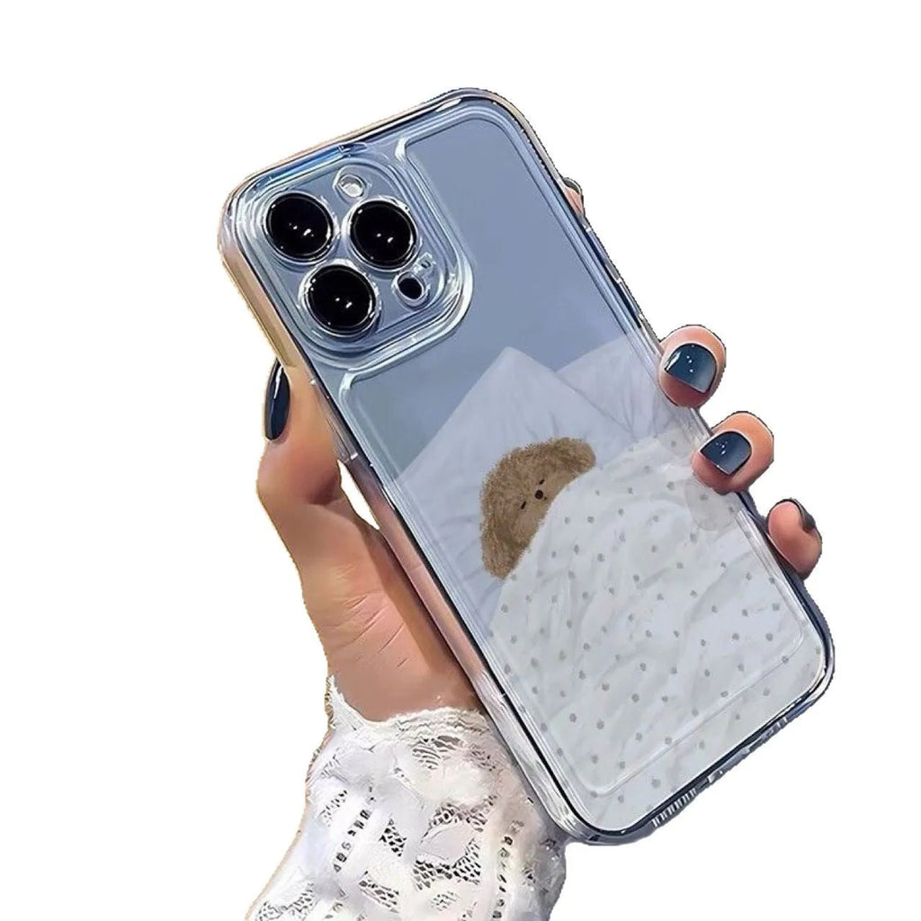 Transparent Apple iPhone case with sleeping cat pattern showing phone protection features