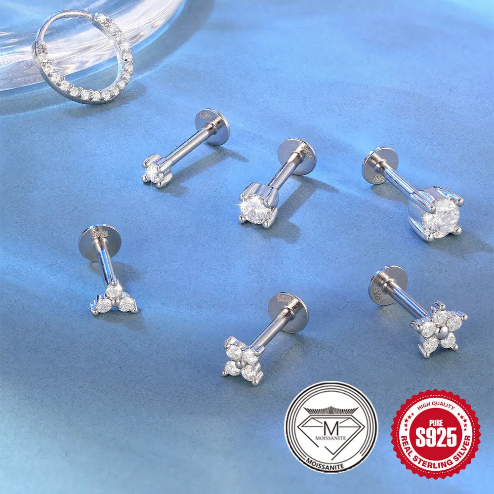 Platinum colour geometric petal stud earrings in sterling silver with ear clip back