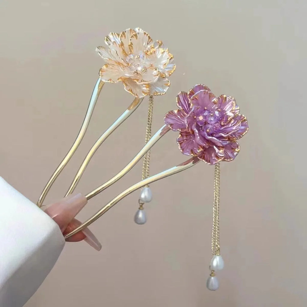 Purple and white peony flower tassel U-shaped hairpin with 6cm alloy design