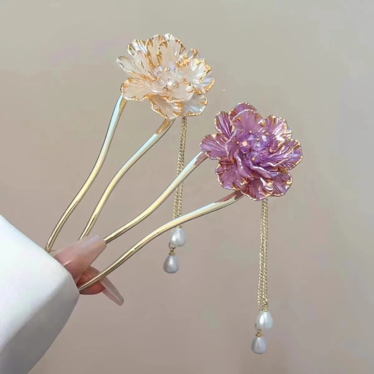 Purple and white peony flower tassel U-shaped hairpin with 6cm alloy design