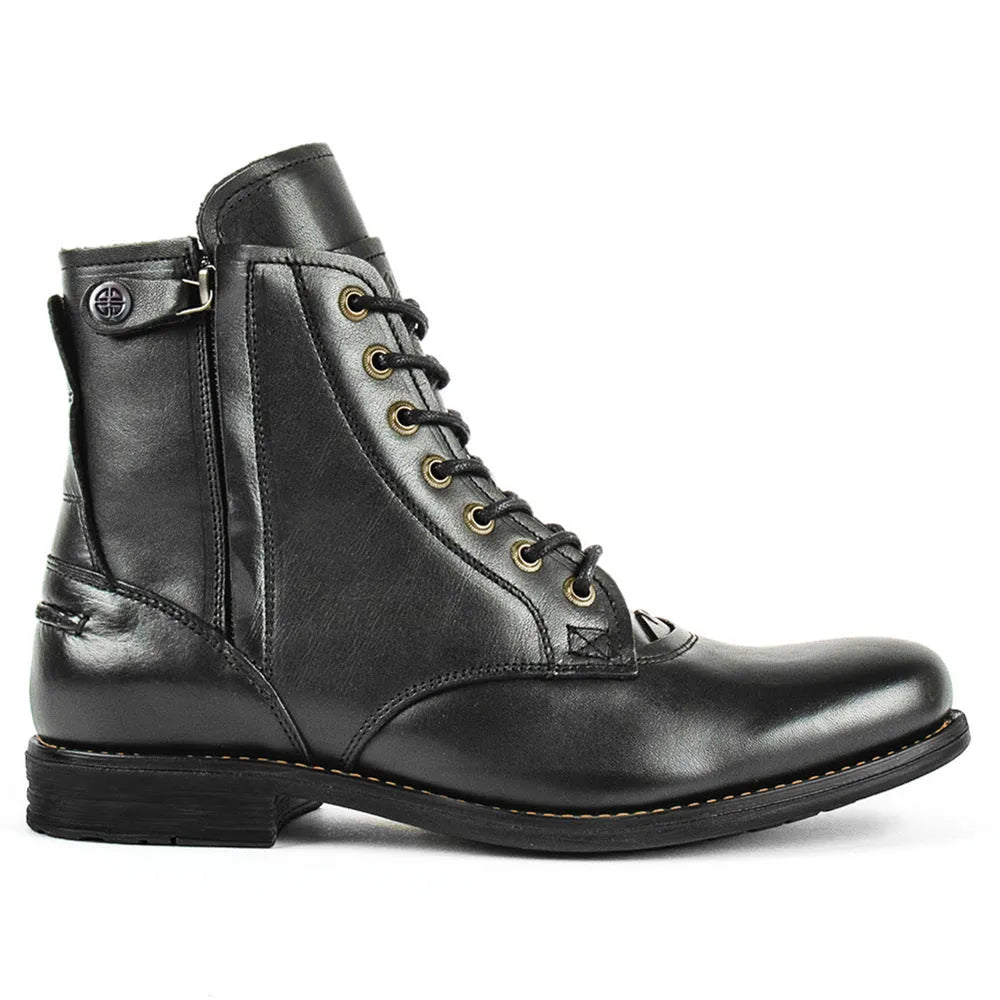 Knight Series black and brown leather boots with side zipper, low heel, and beef tendon PU construction for warmth