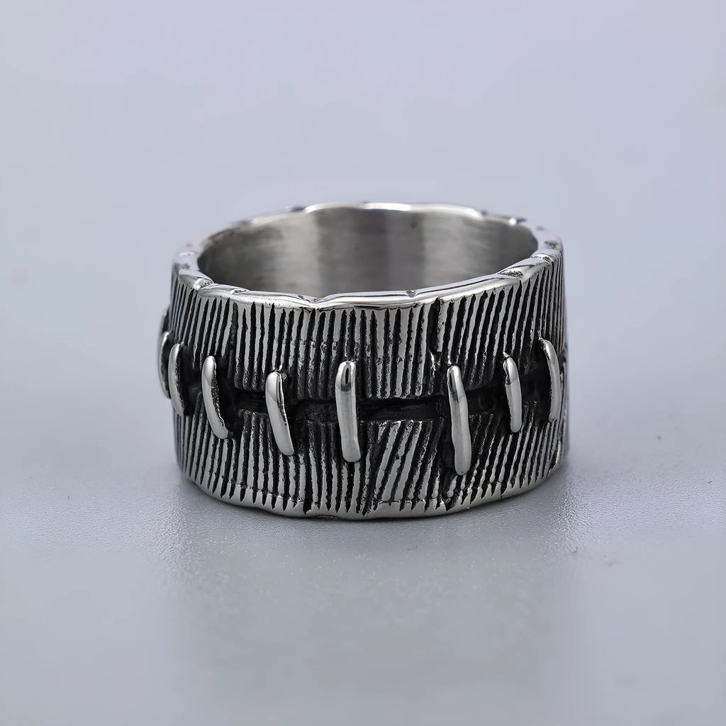 Geometric dark punk stitched titanium steel ring with U-shaped double design in retro colour