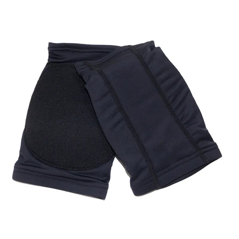 Ballet dance knee pads in skin colour and black, showing five size options from XS to XL for knee circumferences 24-46cm.