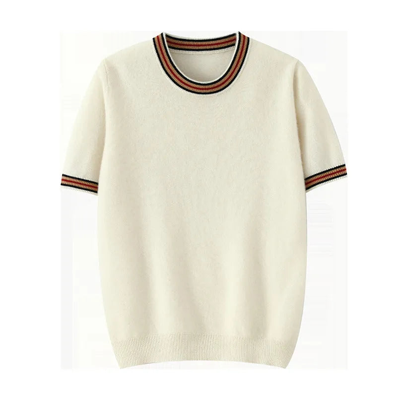 Men's round neck pure wool short sleeve sweater in white, grey, or black, showing pullover style and regular sleeves