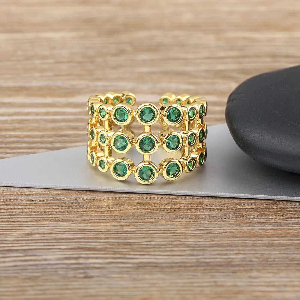 Copper 18K gold-plated wide ring with green zircon embellishments on 2.5 cm band