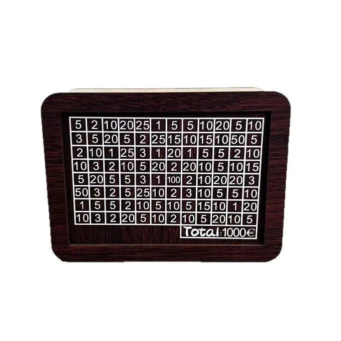 Digital coin bank with nostalgic retro wood design in modern simplicity style, showing currency library options for gifting