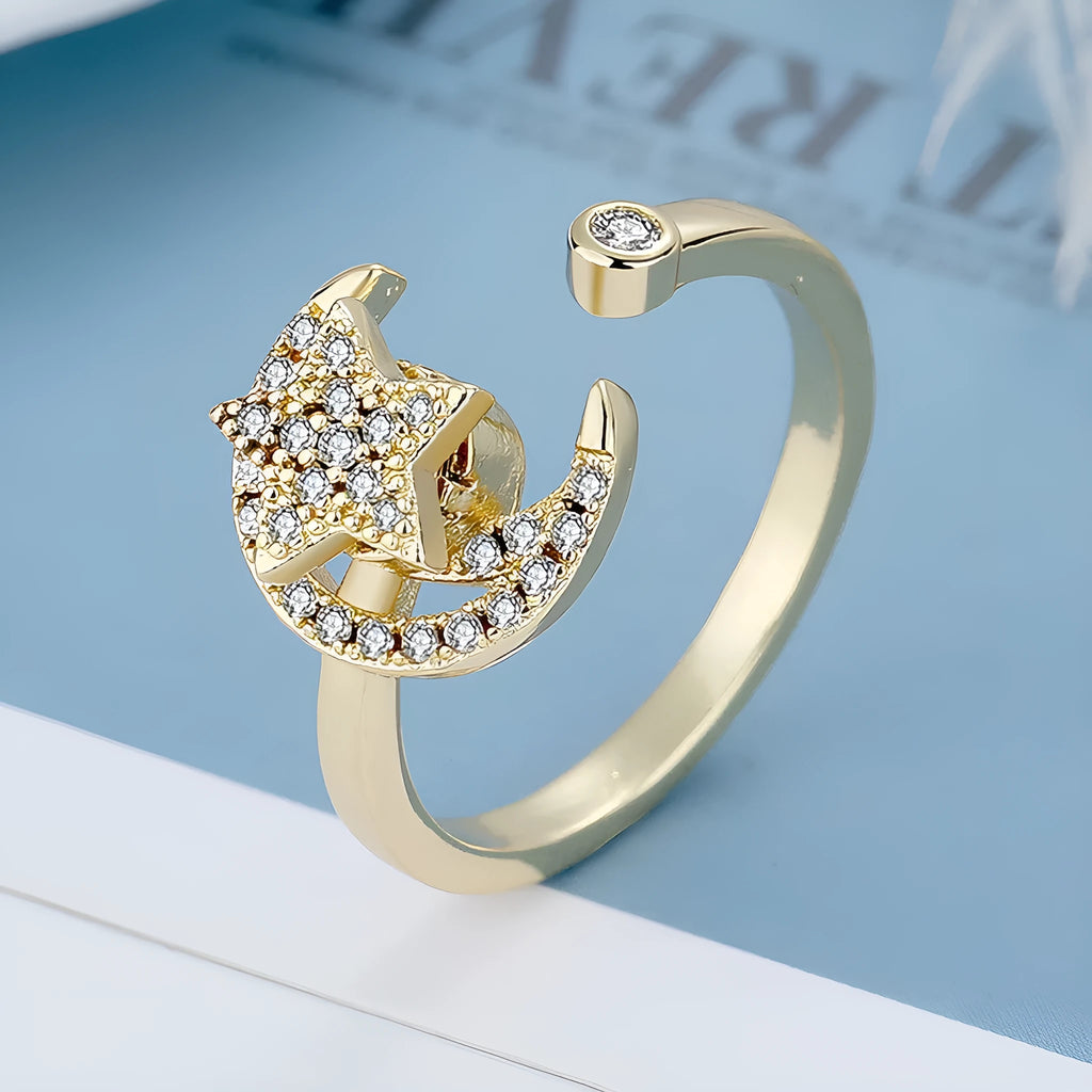 Gold micro-inlaid star moon anxiety ring with rotating zircon on adjustable copper band