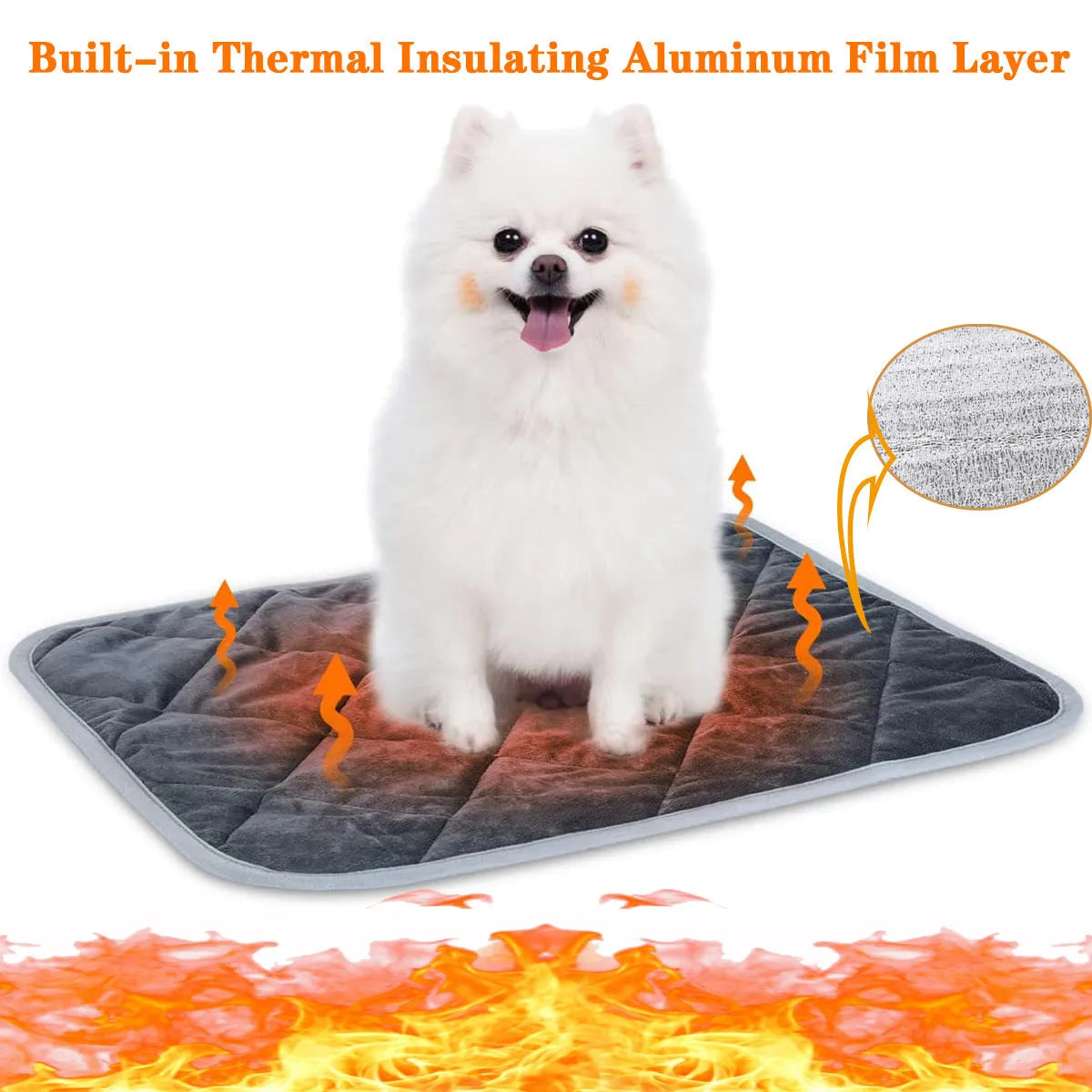 Grey cloth pet cushion showing size options from 40x50cm to 72x115cm on a floor