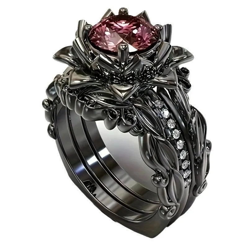 Women's electroplated alloy ring with geometric rose flower design and zircon stone inlay.