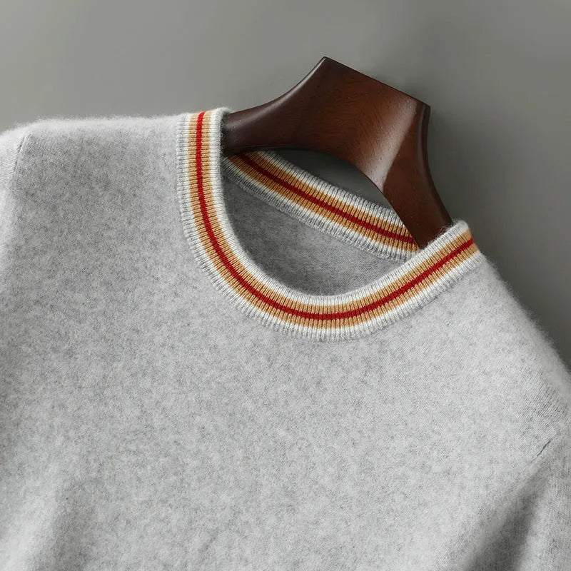 Men's round neck pure wool short sleeve sweater in white, grey, or black, showing pullover style and regular sleeves