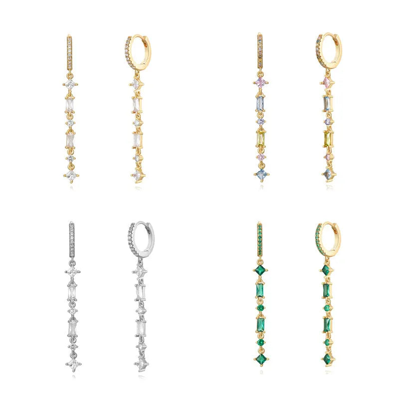 Sterling silver needle micro-inlaid colourful zircon fashion tassel ear clip with geometric U-shaped design