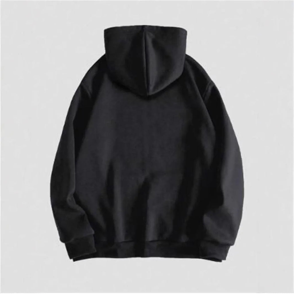 Black hooded sweatshirt with a detailed skull print on the chest, featuring long sleeves and a pullover design.