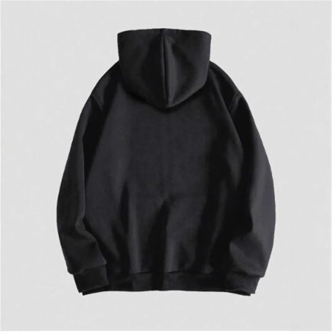 Black hooded sweatshirt with a detailed skull print on the chest, featuring long sleeves and a pullover design.
