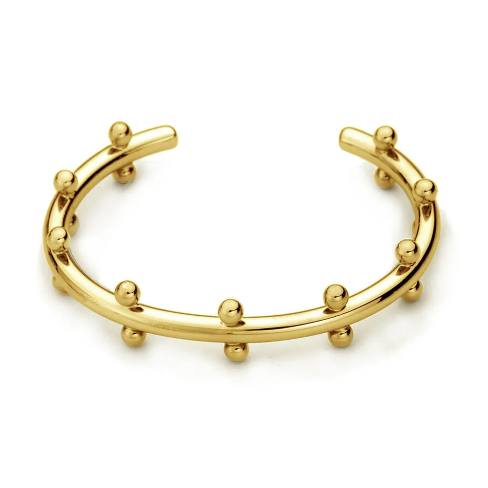 Stainless steel C-shaped bracelet with rivet texture bean beads and alloy clasp in gold colour option