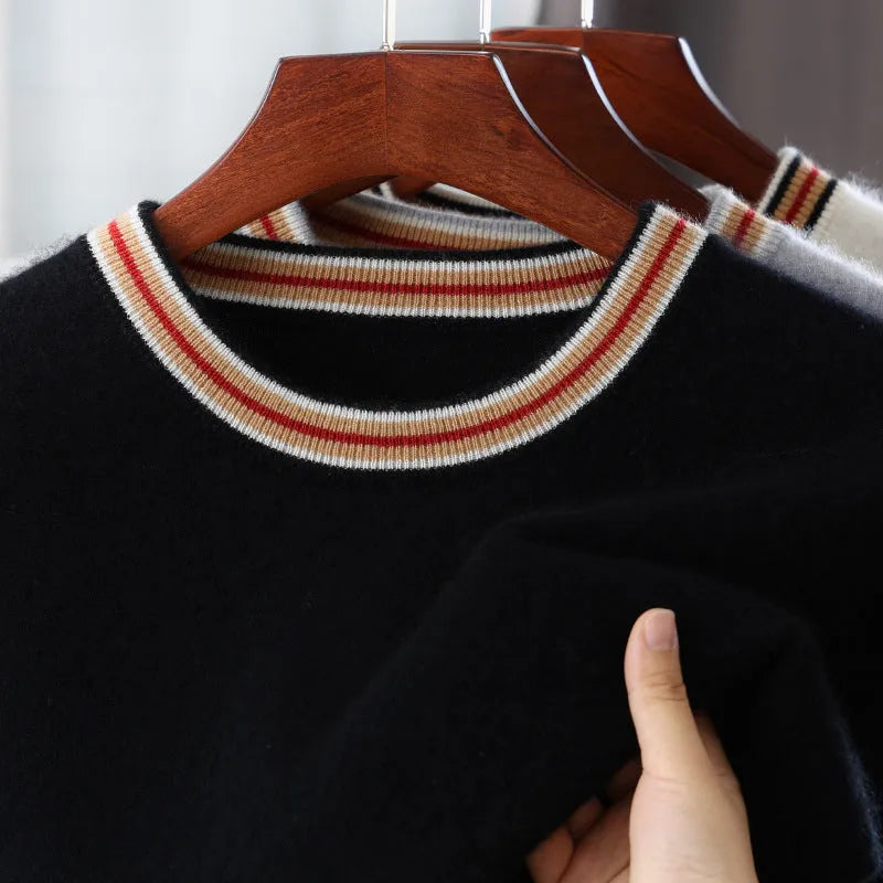 Men's round neck pure wool short sleeve sweater in white, grey, or black, showing pullover style and regular sleeves