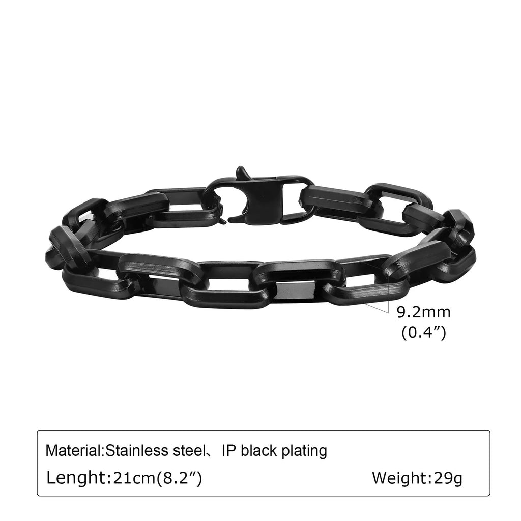 Stainless steel men's bracelet with square chain design in electroplated steel, gold, black, or retro colour
