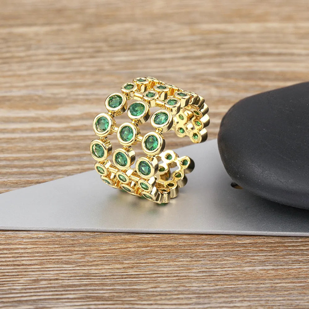 Copper 18K gold-plated wide ring with green zircon embellishments on 2.5 cm band