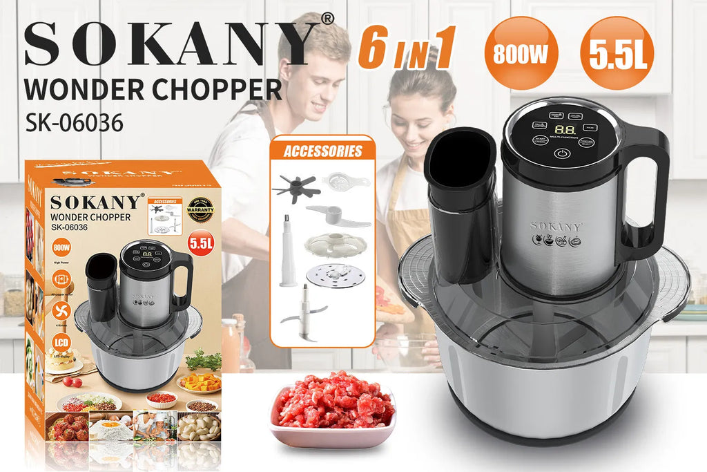 Stainless steel meat grinder with 5-10L capacity bowl and adjustable speed control for baby food and sausage preparation