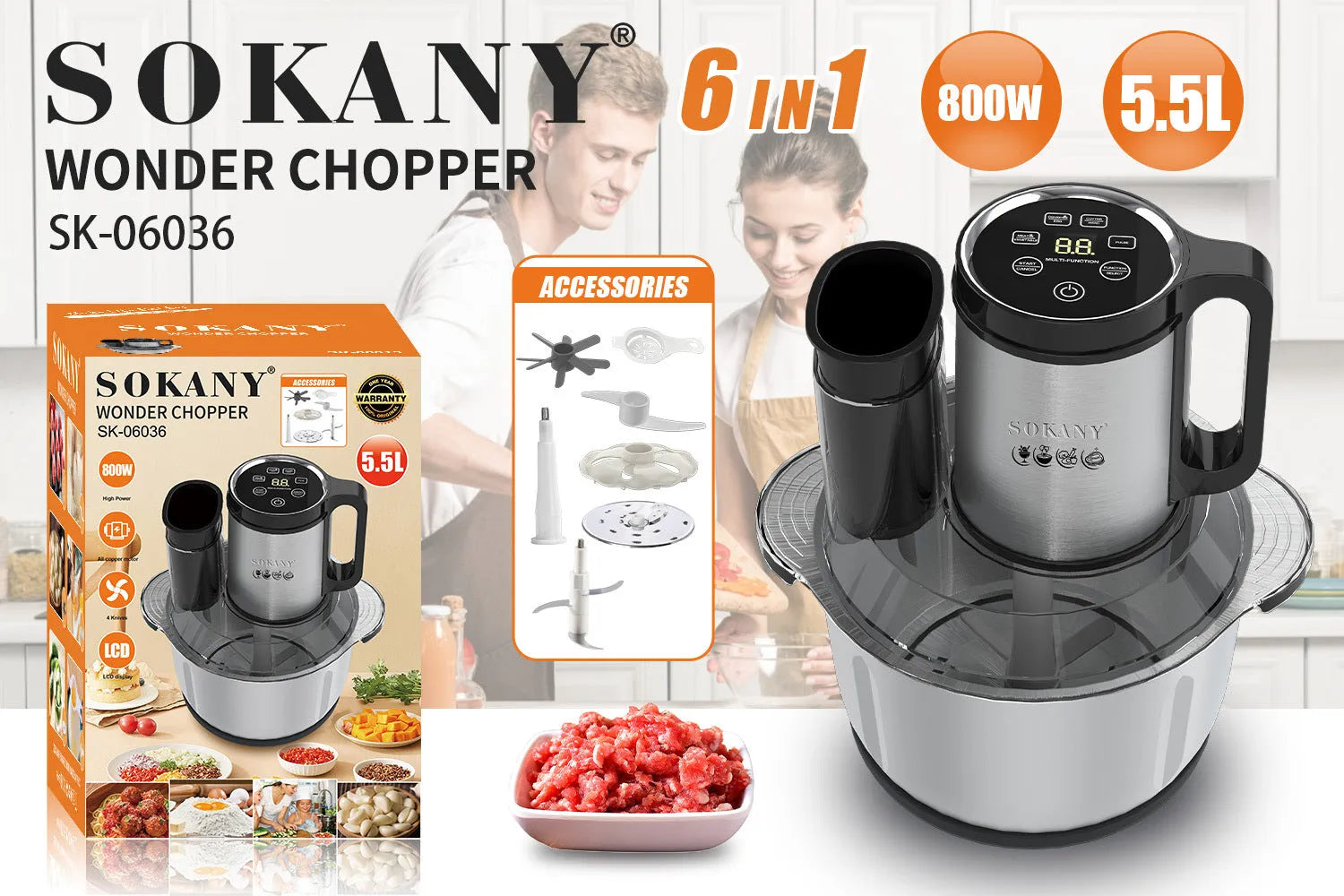 Stainless steel meat grinder with 5-10L capacity bowl and adjustable speed control for baby food and sausage preparation