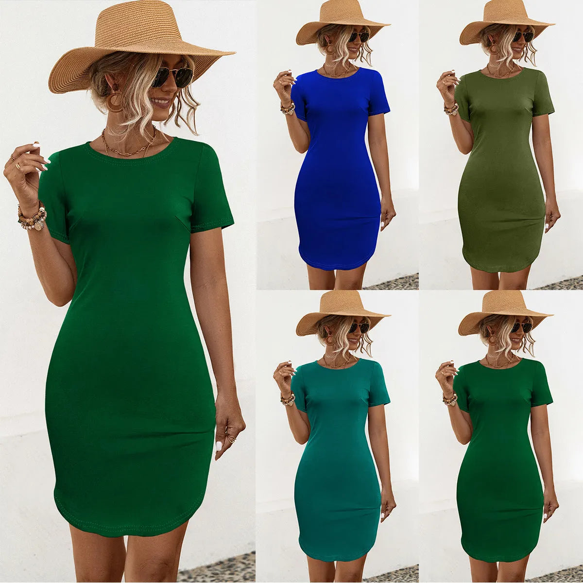 Women's slim U-shaped split dress in cotton blend fabric, short sleeves, solid colour options including dark green