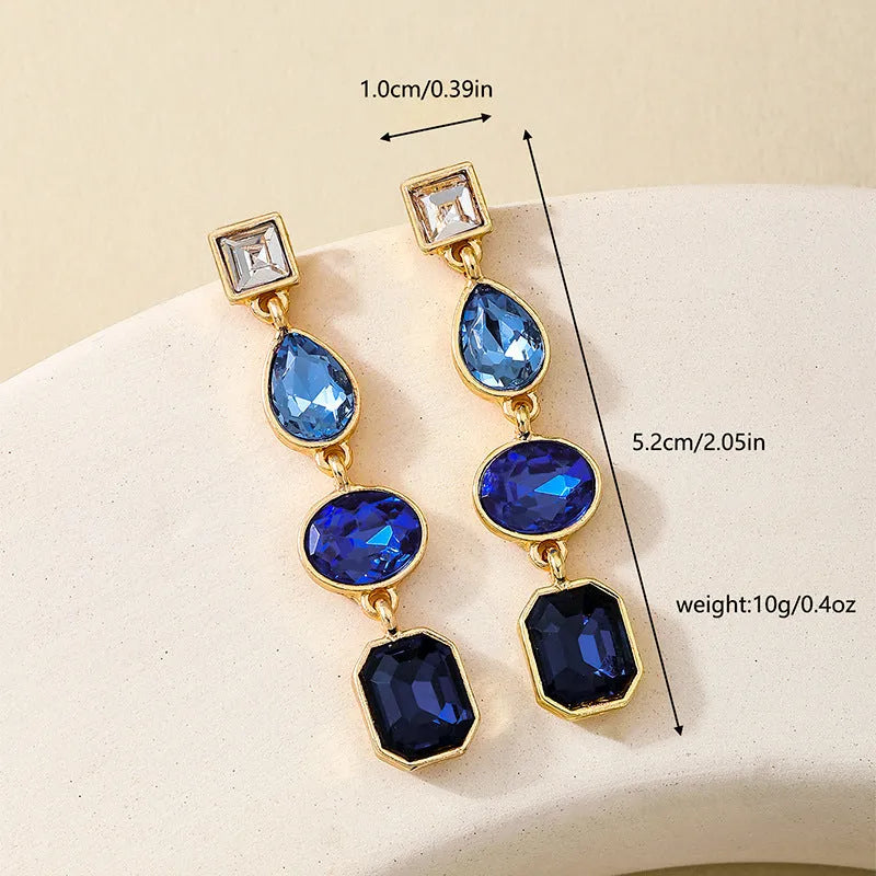 Geometric water drop ear studs in alloy with rhinestone detail, women's pierced earrings, 1 pair
