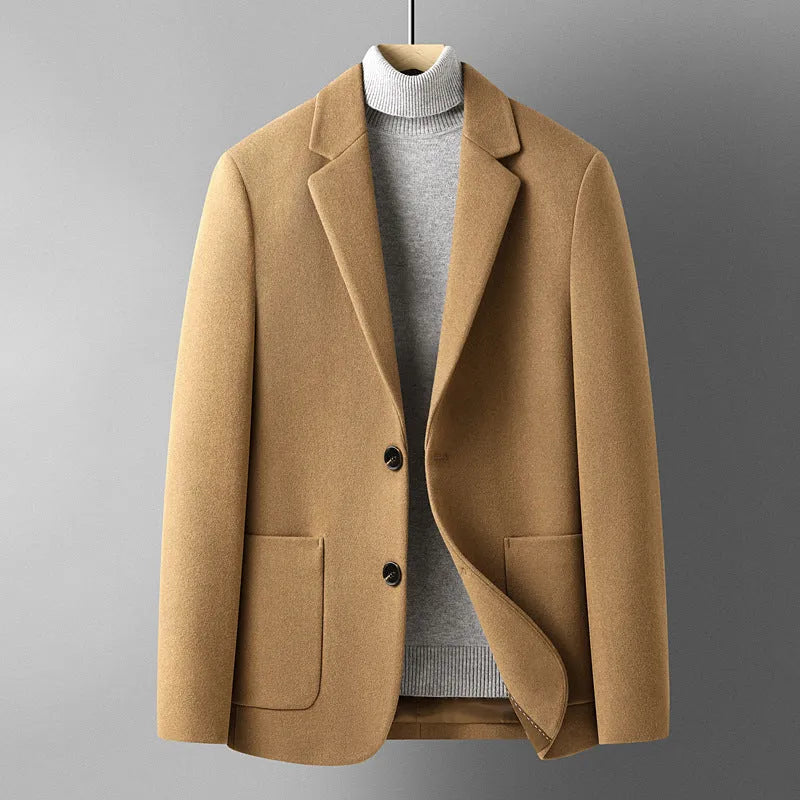 Men's slim-fit wool suit jacket in grey, black, camel, or houndstooth with non-ironing fabric for autumn wear.