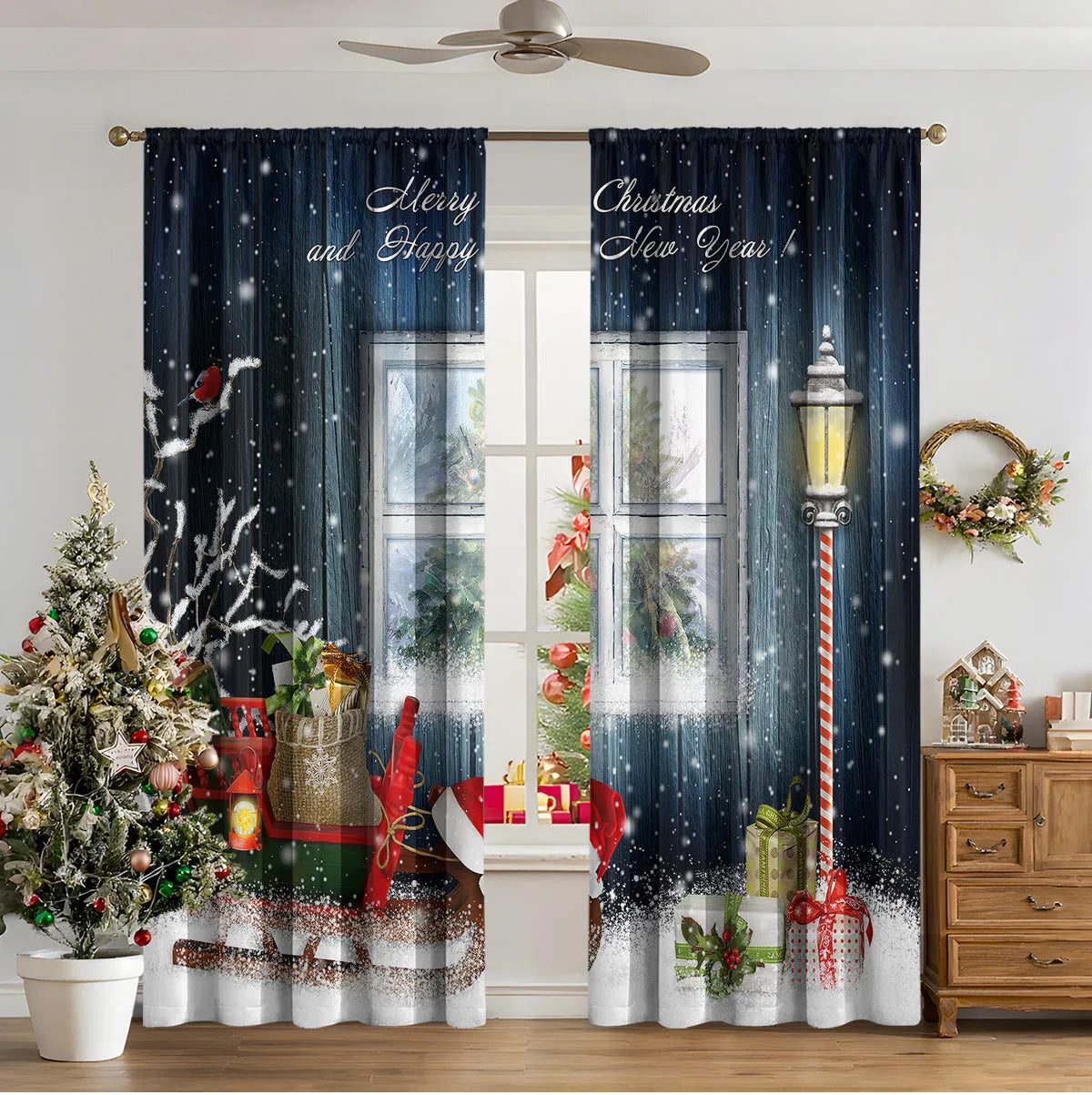 3D digital printed Christmas curtain in a European style, showing modern simplicity design and polyester fabric