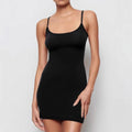 Black sling dress with sheath silhouette, sleeveless design, and short skirt length made from 100% polyester fabric