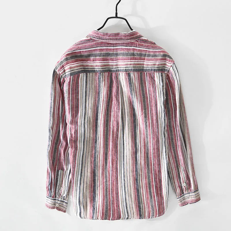Men's red and grey striped linen shirt with long sleeves in loose fit for spring and summer wear