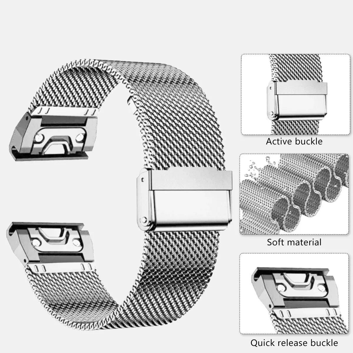 Stainless steel card strap for Garmin Fenix watches in silver, black, gold, rose gold with 20mm 22mm 26mm widths