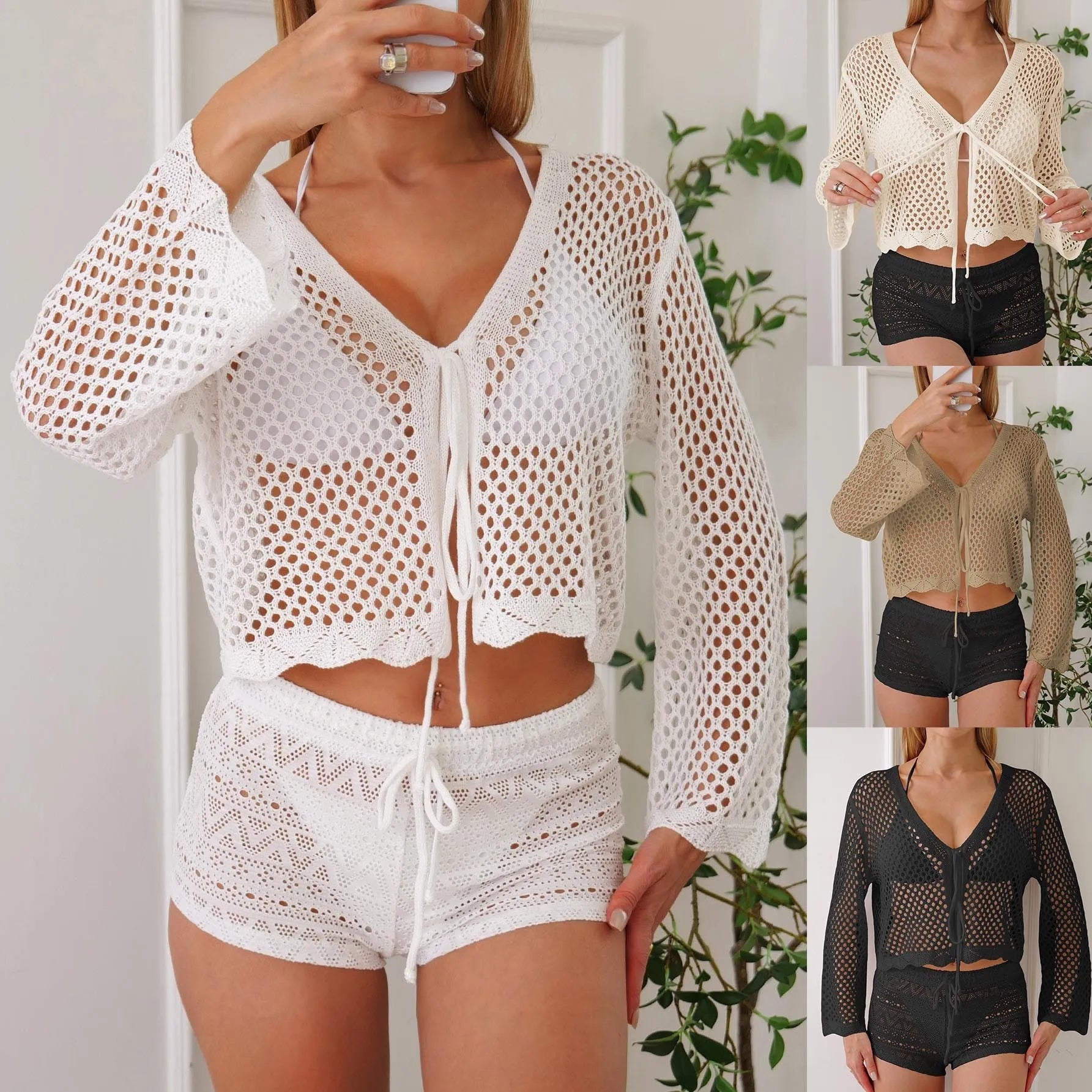 Women's hollow woven cardigan blouse with bell sleeves in apricot colour showing texture detail