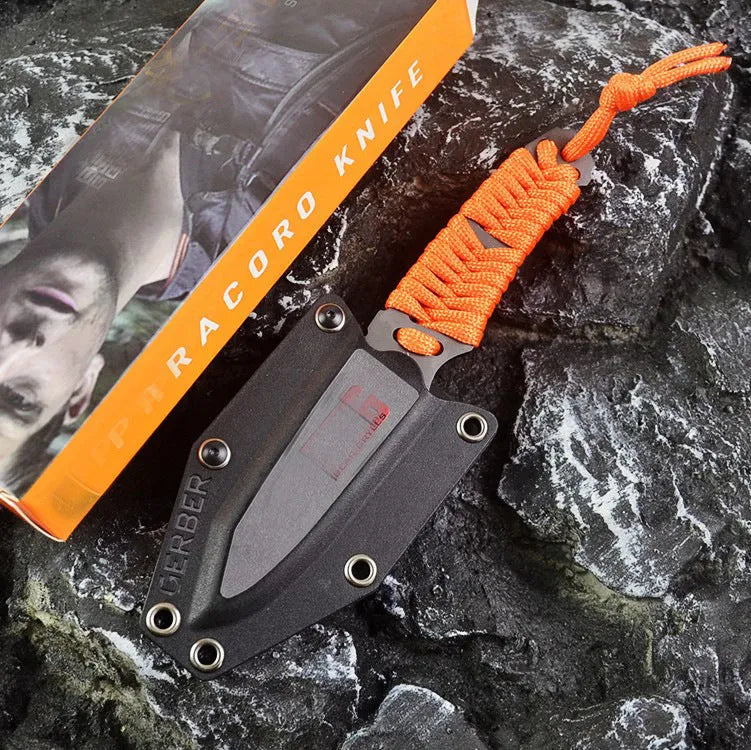 Outdoor camping rope knife with straight blade and ABS sheath showing measurements