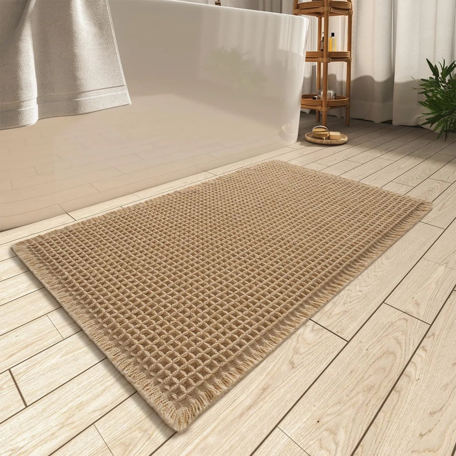 Square checkered pattern bathroom carpet with non-slip backing in beige colour, 61x92cm size