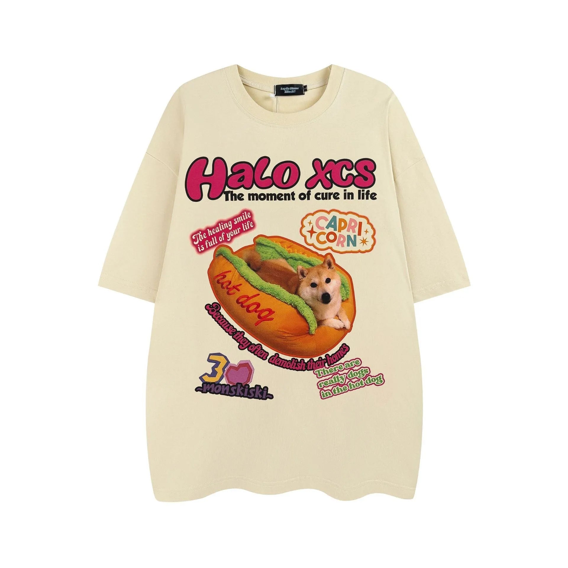 Cartoon hamburger dog printed cotton T-shirt in loose fit with short sleeves