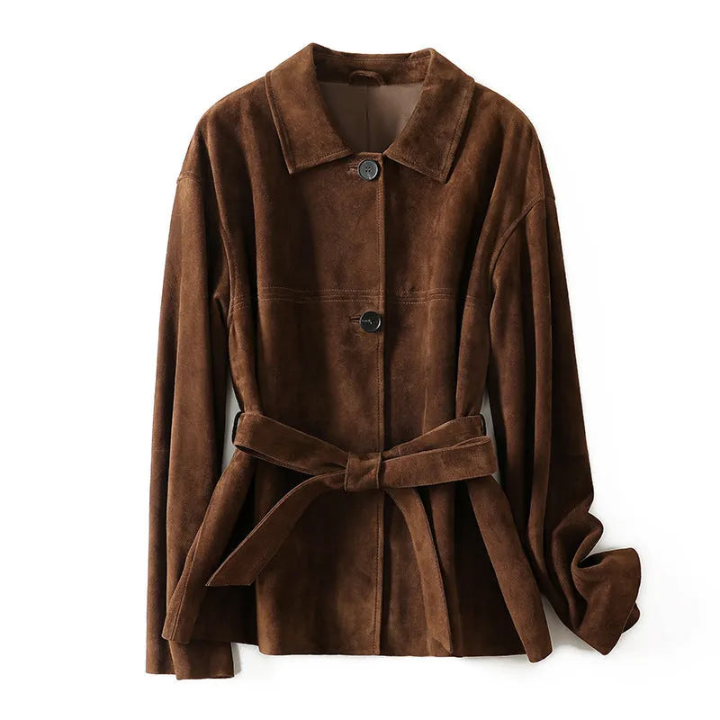 French elegant retro cashmere coat with Peter Pan collar and leather stitching in caramel mocha colour