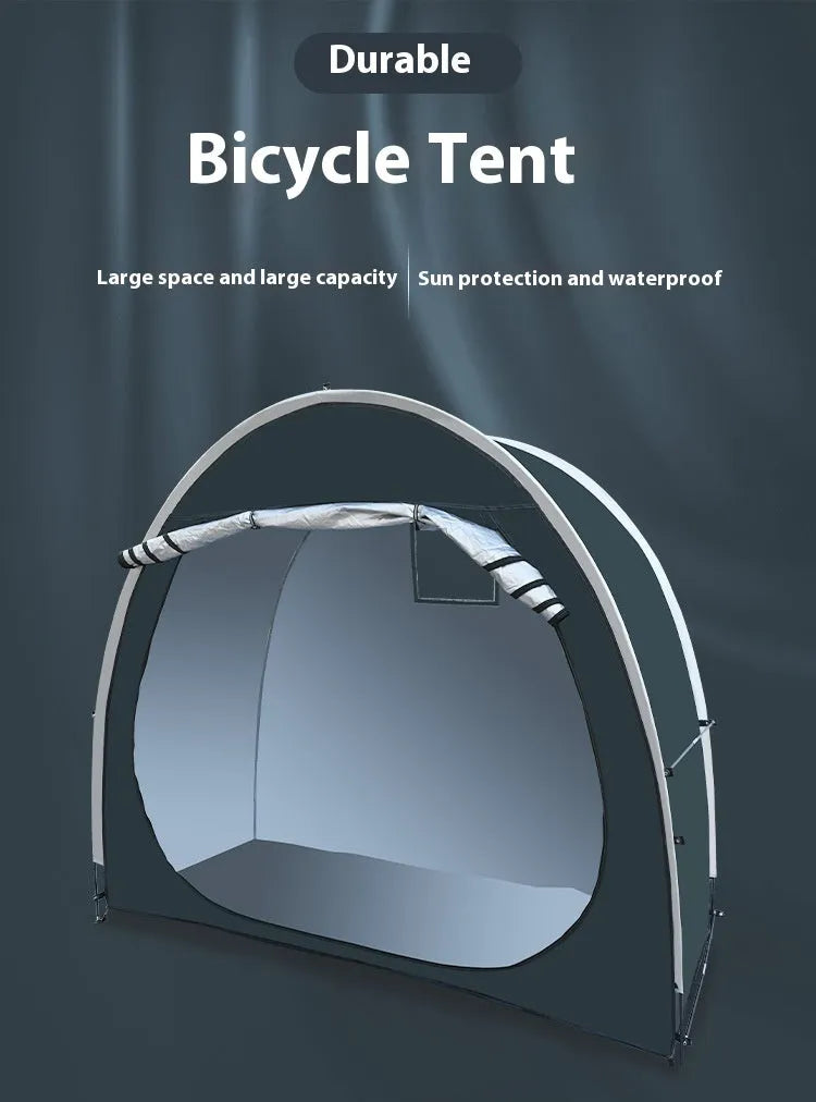 Black outdoor bicycle storage tent showing roof-style design suitable for 2-3 bicycles