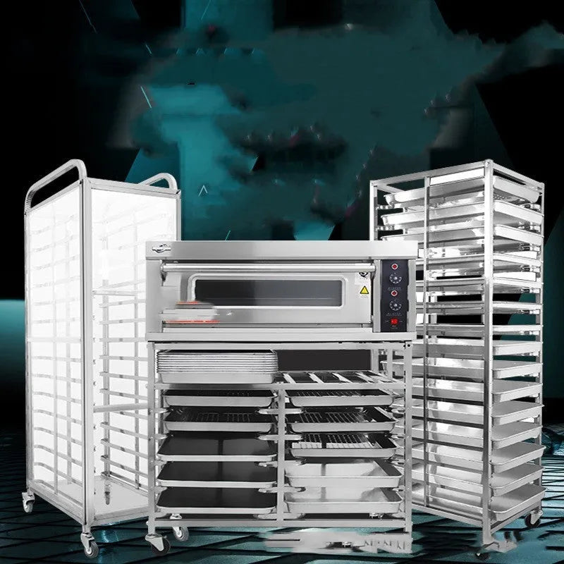 Stainless steel baking tray rack with lock, holding six 40x60cm trays