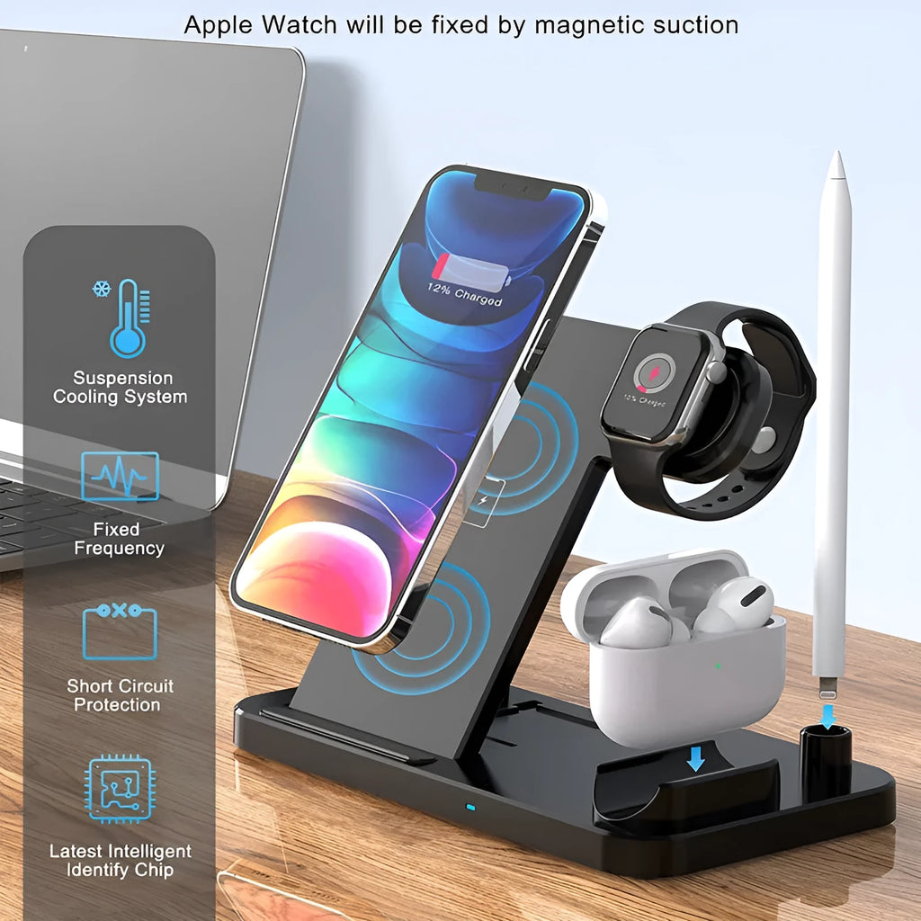 Black four-in-one wireless charging station with QC3.0 charging head