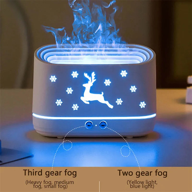 White round humidifier diffuser with glowing flame effect light and USB cable