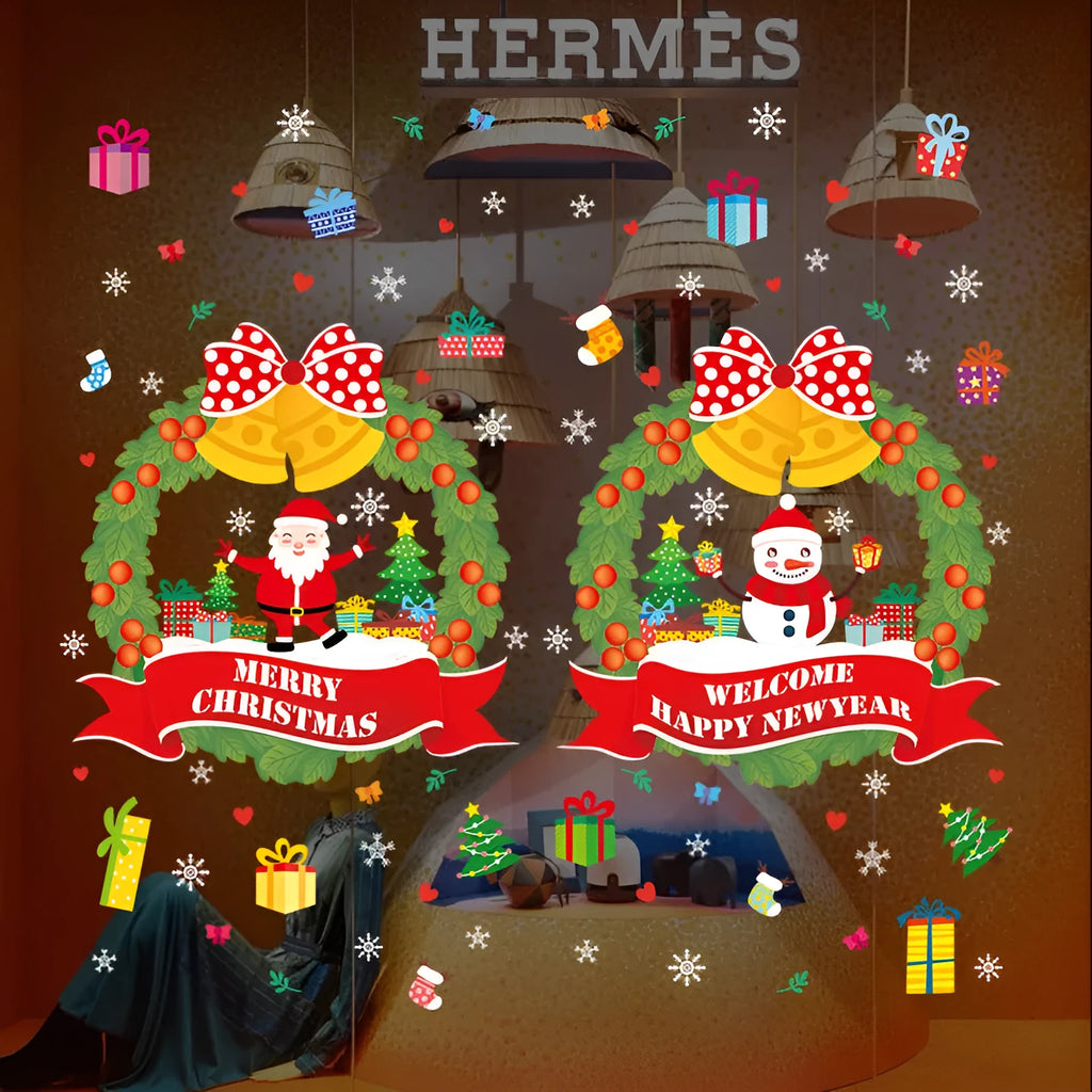 Two large colourful cartoon anime Christmas static cling window stickers, each 60 by 45 cm.