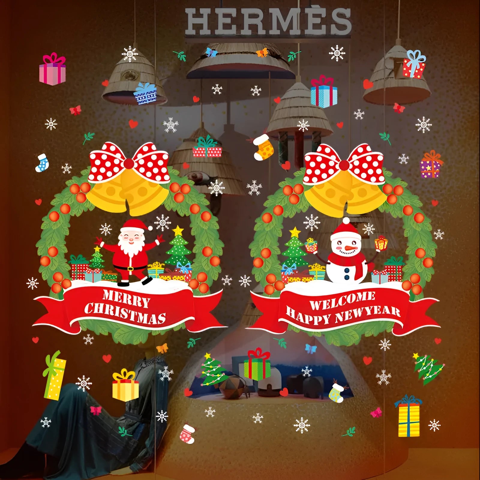 Two large colourful cartoon anime Christmas static cling window stickers, each 60 by 45 cm.
