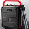 MS62AI portable Bluetooth speaker with wireless microphone, measuring 241x145x329mm in plastic construction