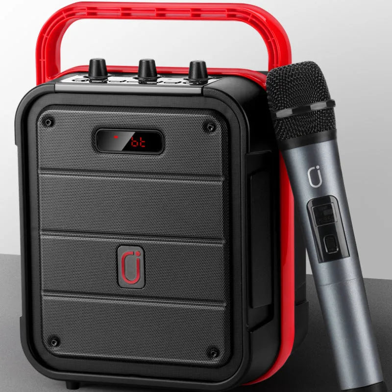 MS62AI portable Bluetooth speaker with wireless microphone, measuring 241x145x329mm in plastic construction