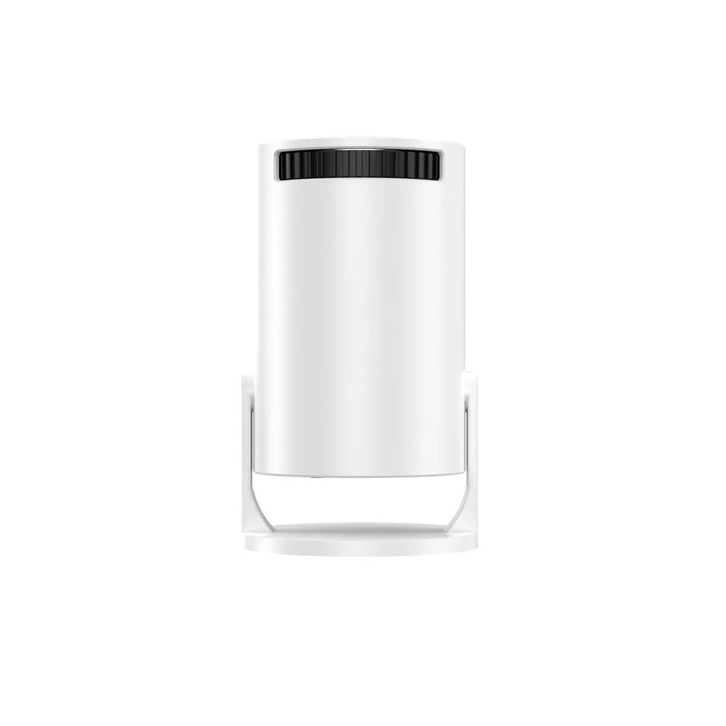 White portable projector showing wireless HD projection capability with compact design