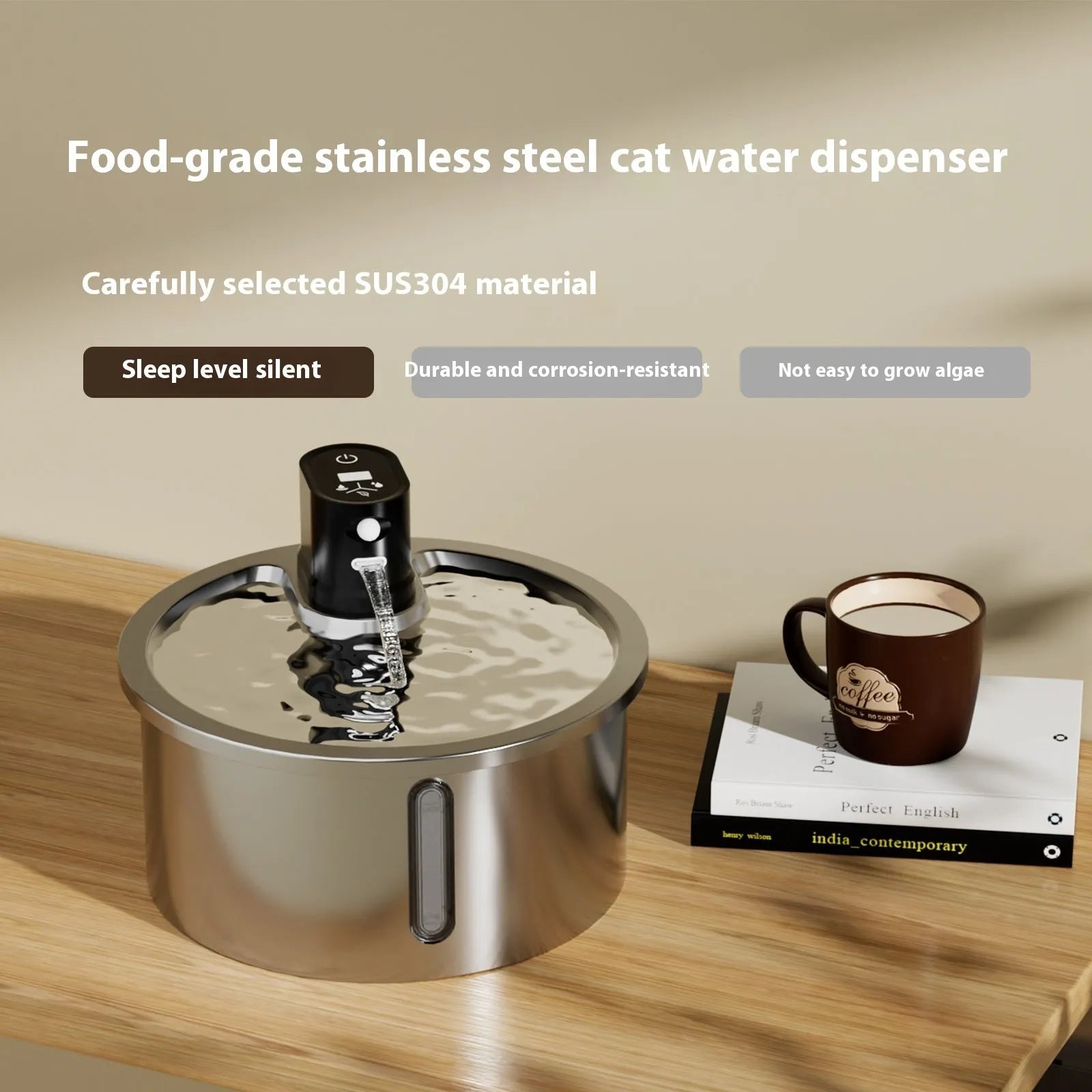 White stainless steel cat water fountain with heating base and USB cable on a kitchen floor