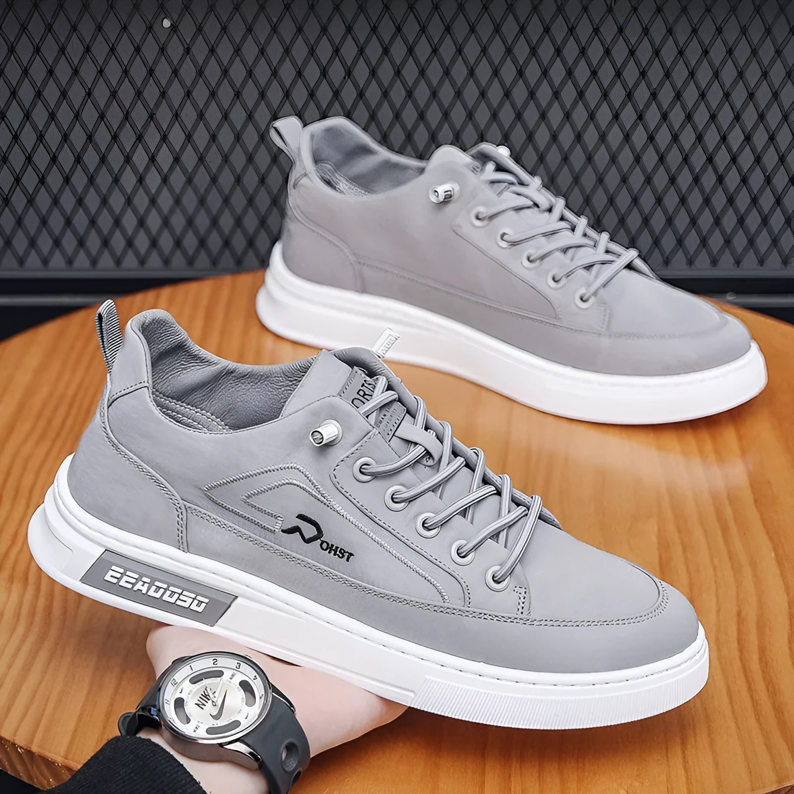 Grey men's canvas casual shoes with round toe and front lace-up design