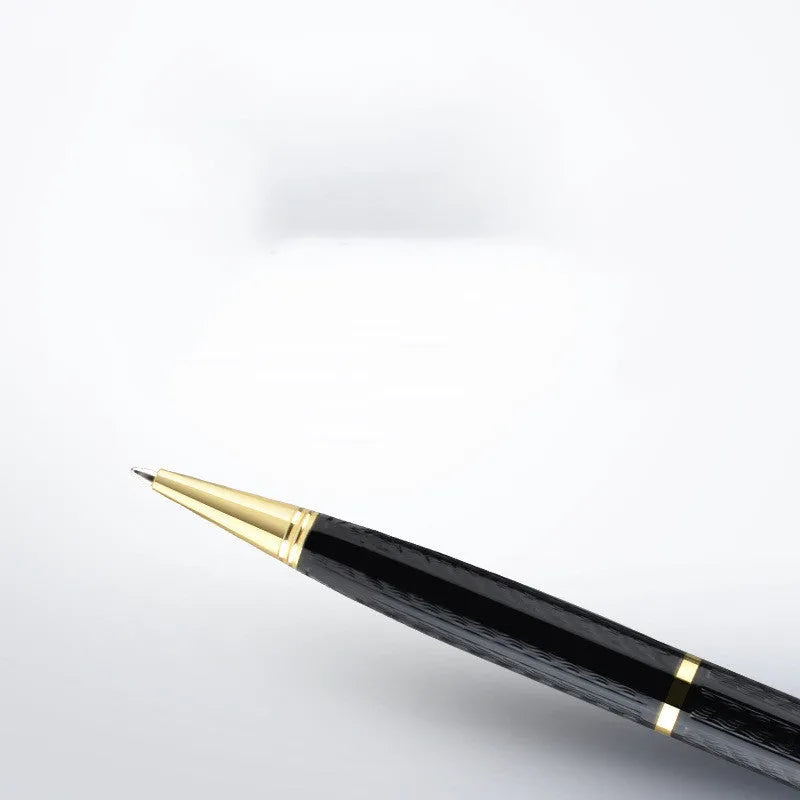 Black pen-shaped digital voice recorder with zinc alloy body and high storage capacity.