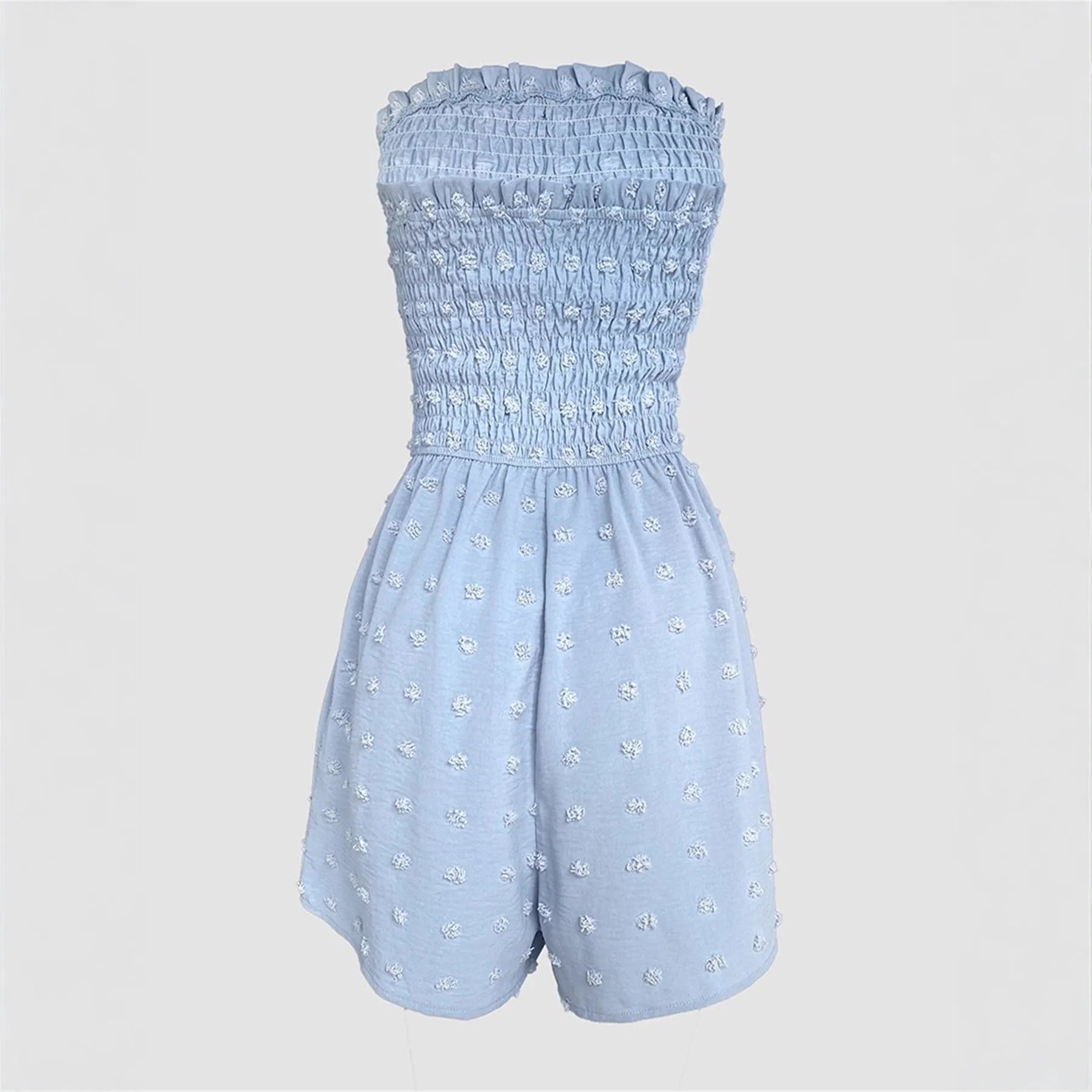 Women's blue off-shoulder sleeveless jumpsuit with button detail and mid-waist design on mannequin
